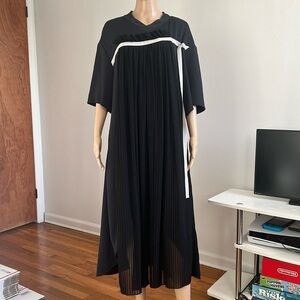 ADEAM Black V-Neck Short Sleeve Pleated Asymmetric Hem Long Tent Dress M